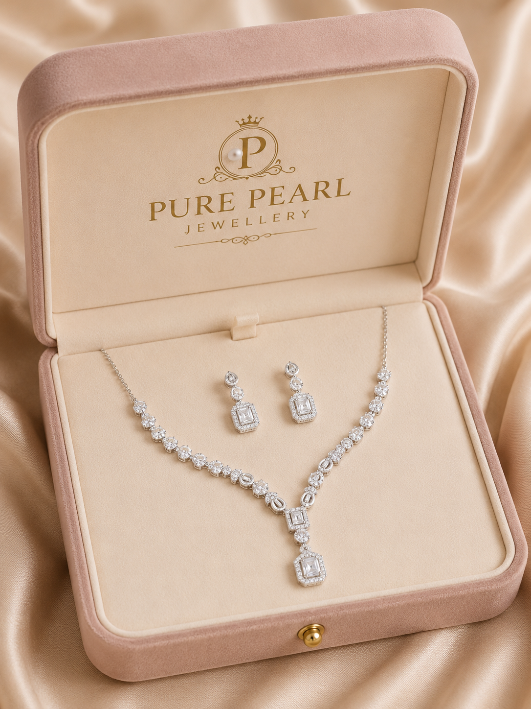 Pure Pearl Jewellery Emerald-Cut Diamond Halo Necklace and Earring Set