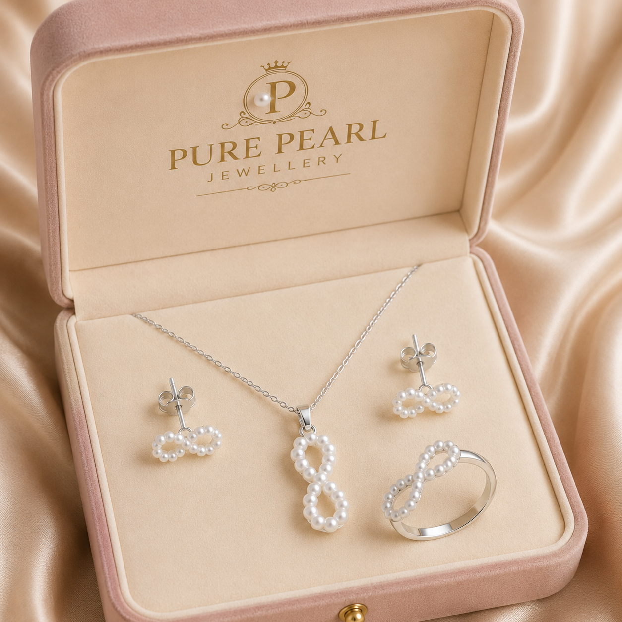 Pure Pearl Infinity Pearl Jewelry Set – Necklace, Earrings & Ring