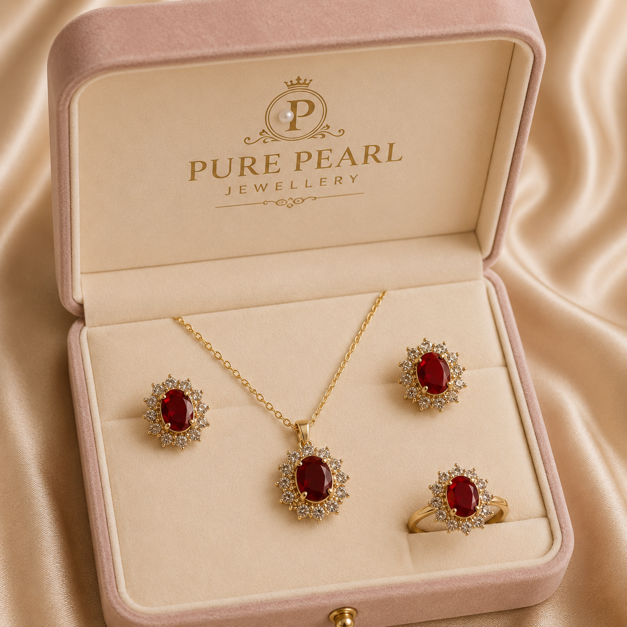Pure Pearl Royal Ruby Jewelry Set – Necklace, Earrings & Ring