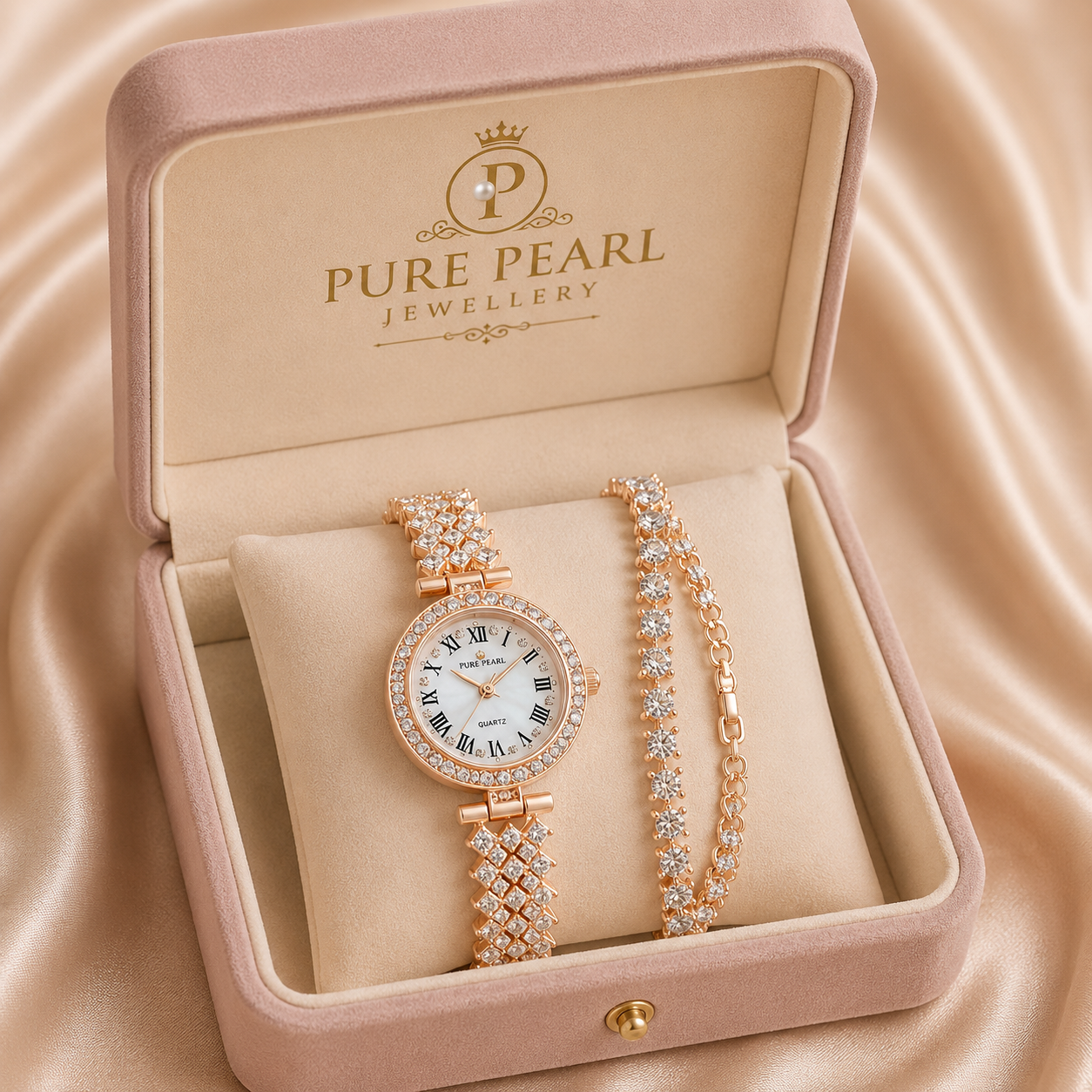 Pure Pearl Luxury Rose Gold Watch & Bracelet Set